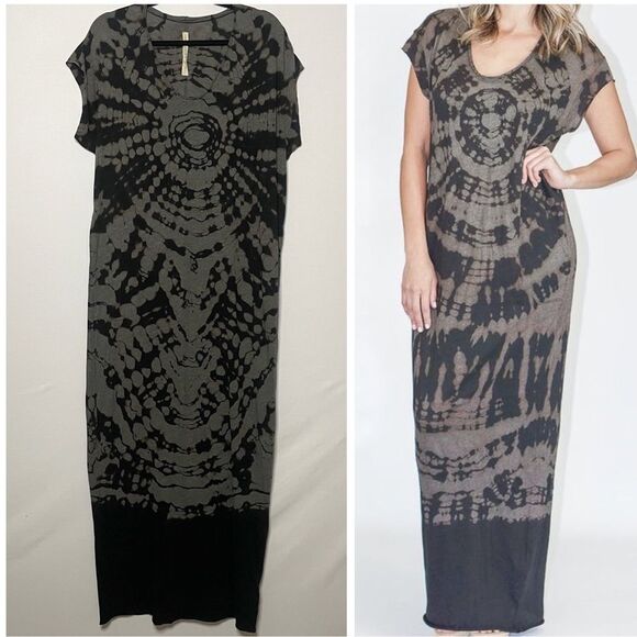 RAQUEL ALLEGRA Onyx Tie Dye Caftan T-Shirt Comfy Maxi Dress Handmade, Sz S - Picture 1 of 15
